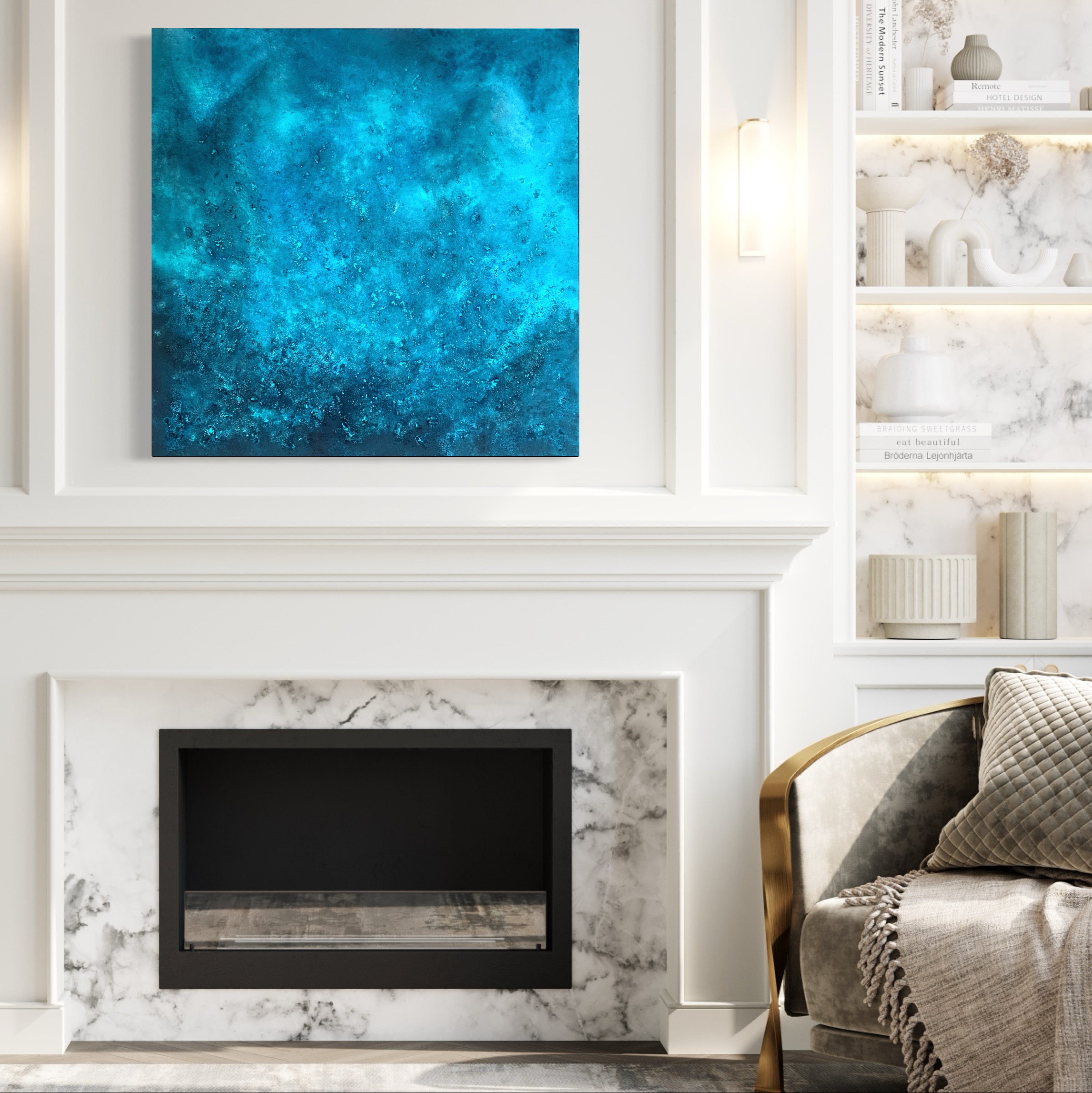 home decor, blue tones painting, with a chimney